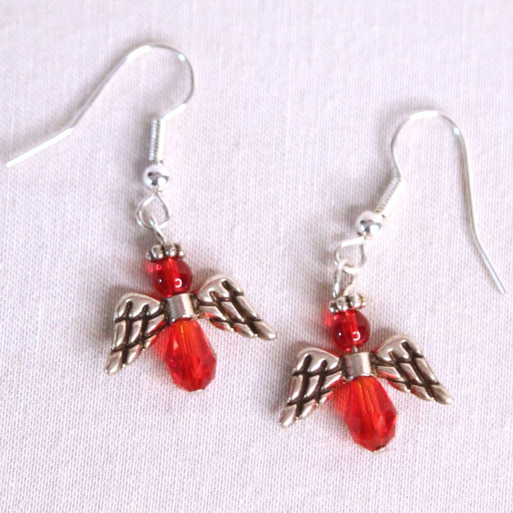 💎Little Dangling Angel Earrings Pierced Red Faceted Stone Silver Tone